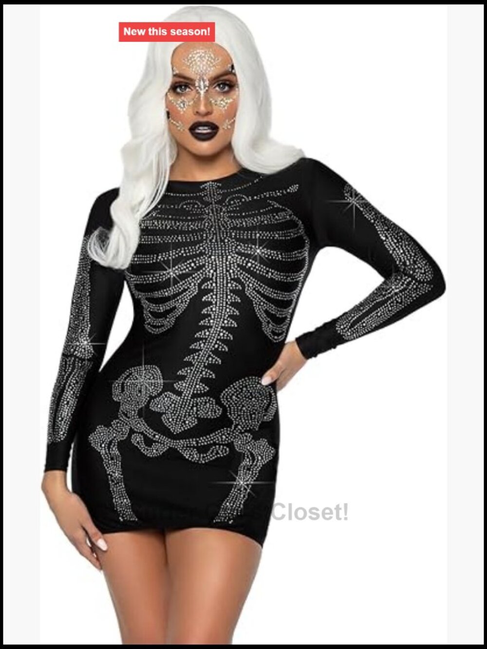 Rhinestone Skeleton Dress Long Sleeve Bodycon Mini Halloween Costume